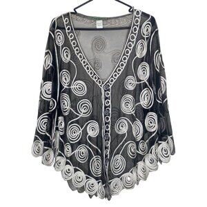 vintage Vivid Importers Button Up Top XL Black Sheer Swirl Embroidery Elegant Ev